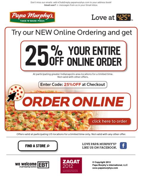 Desserts & Drinks. Additional nutritional information available upon request. 2,000 calories a day is used for general nutrition advice, but calorie needs vary. Enjoy pizza, sides, and more from Papa Murphy's. Order your favorite menu items online for fast pickup or delivery.
